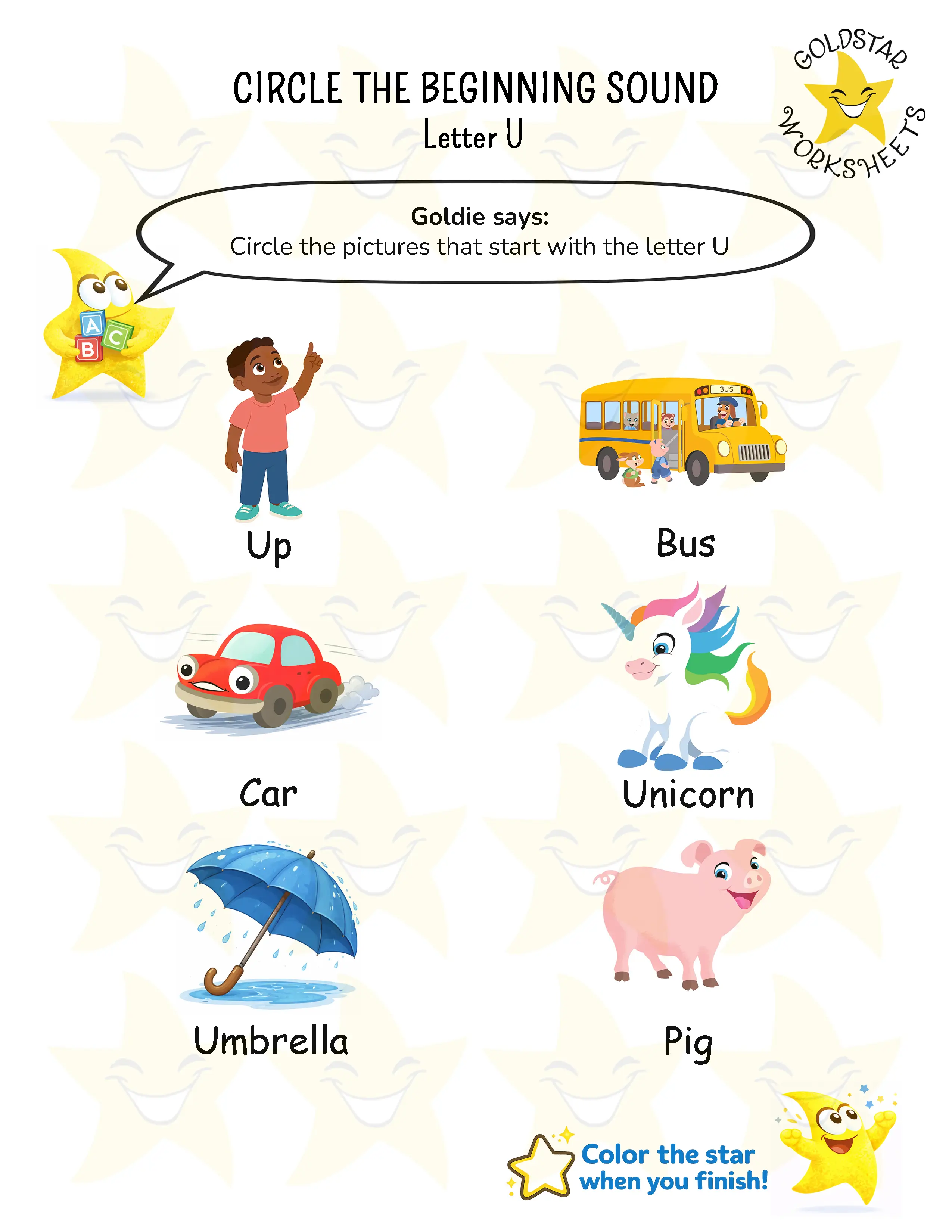 Help children recognize the short U vowel sound at the beginning of words using engaging picture activities.