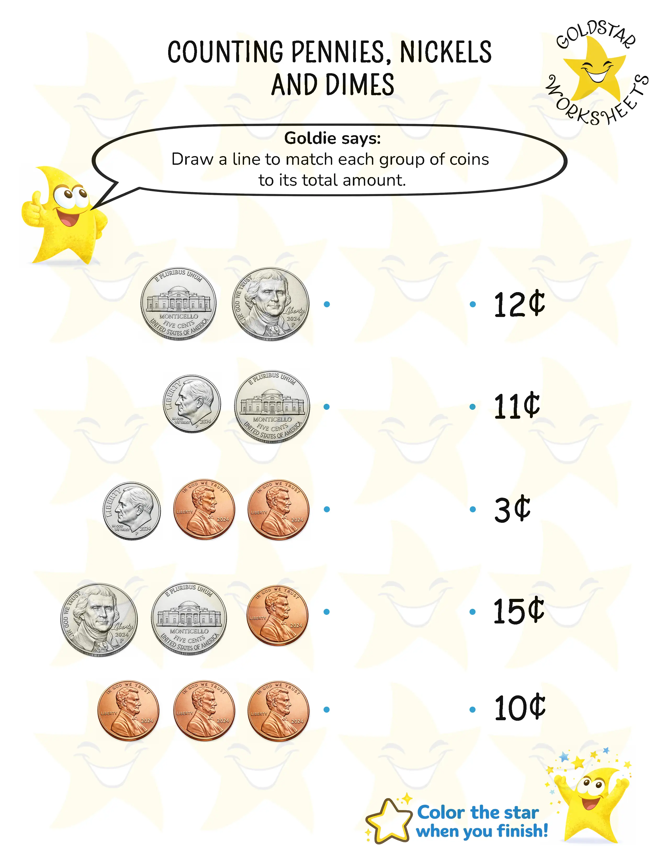 Counting Pennies, Nickels and Dimes Worksheets