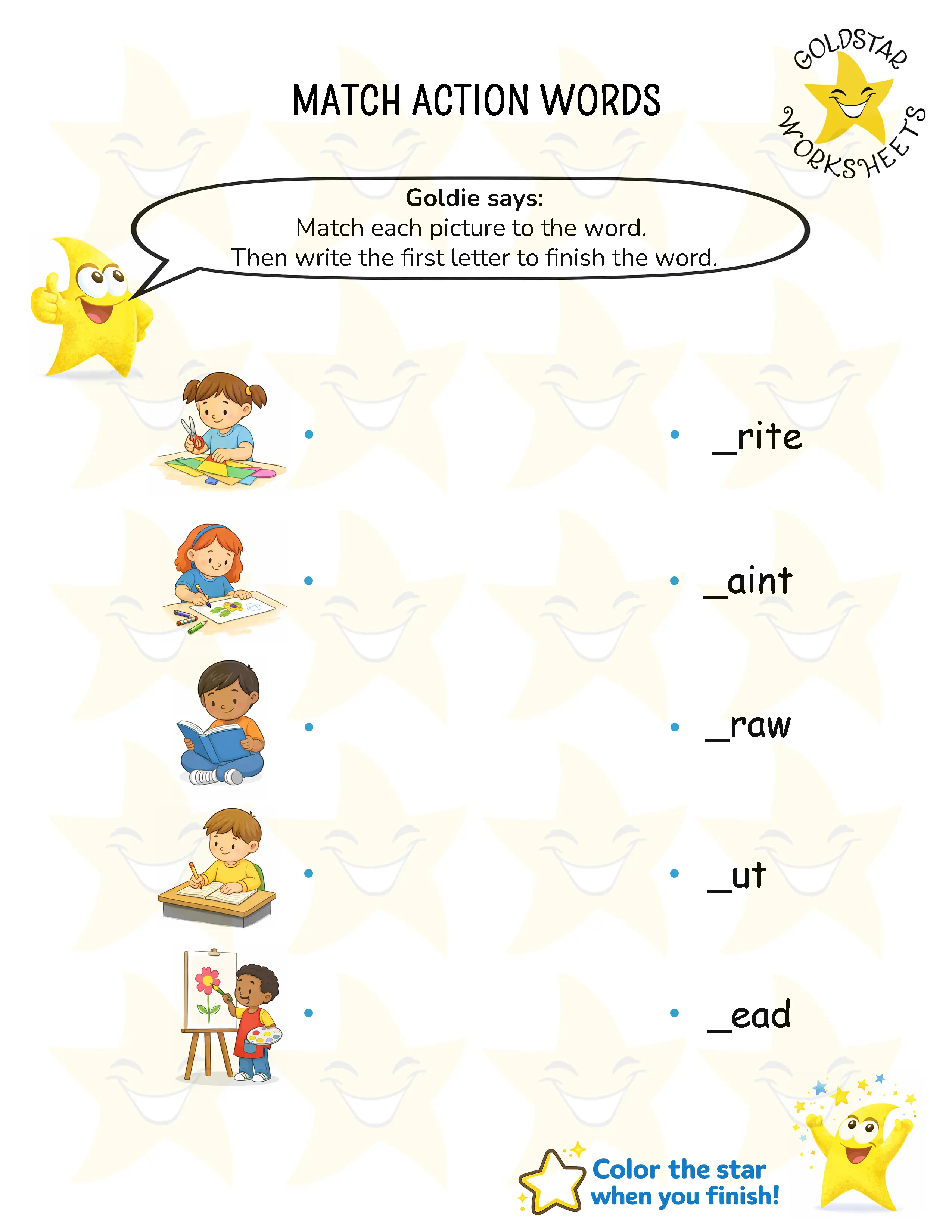 Match action words and write beginning letters worksheets