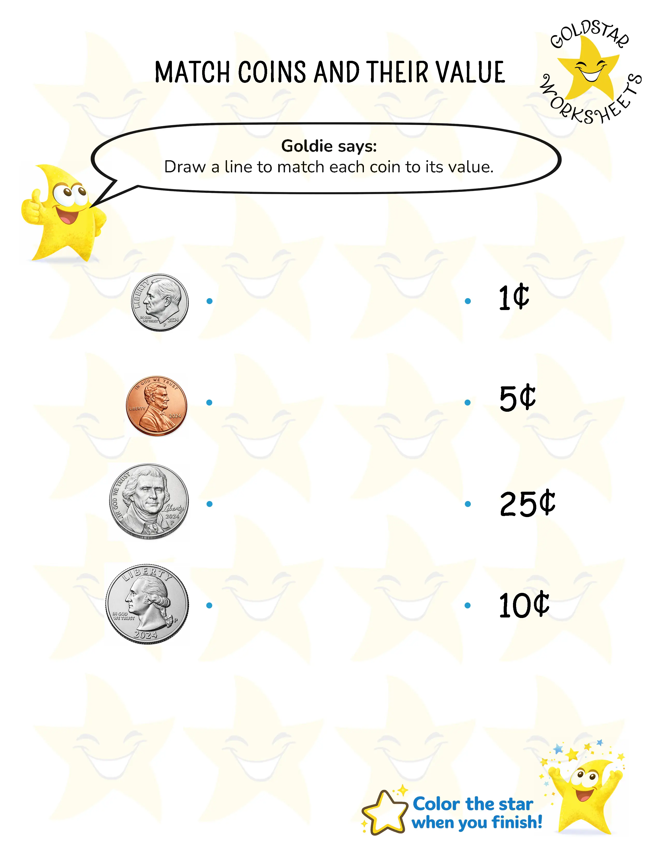 Match Coins and Their Values Worksheets
