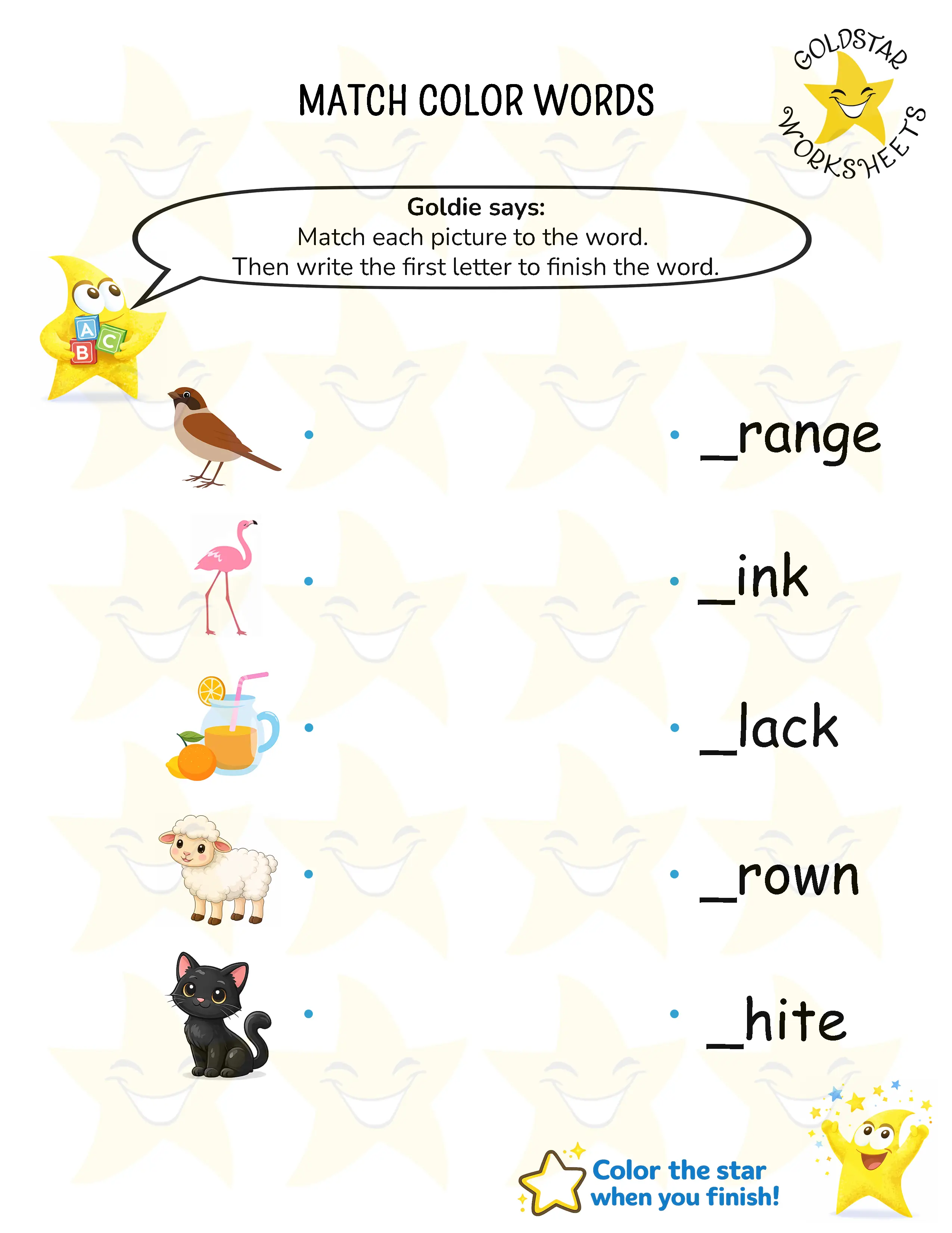 Match color words and write beginning letters worksheets