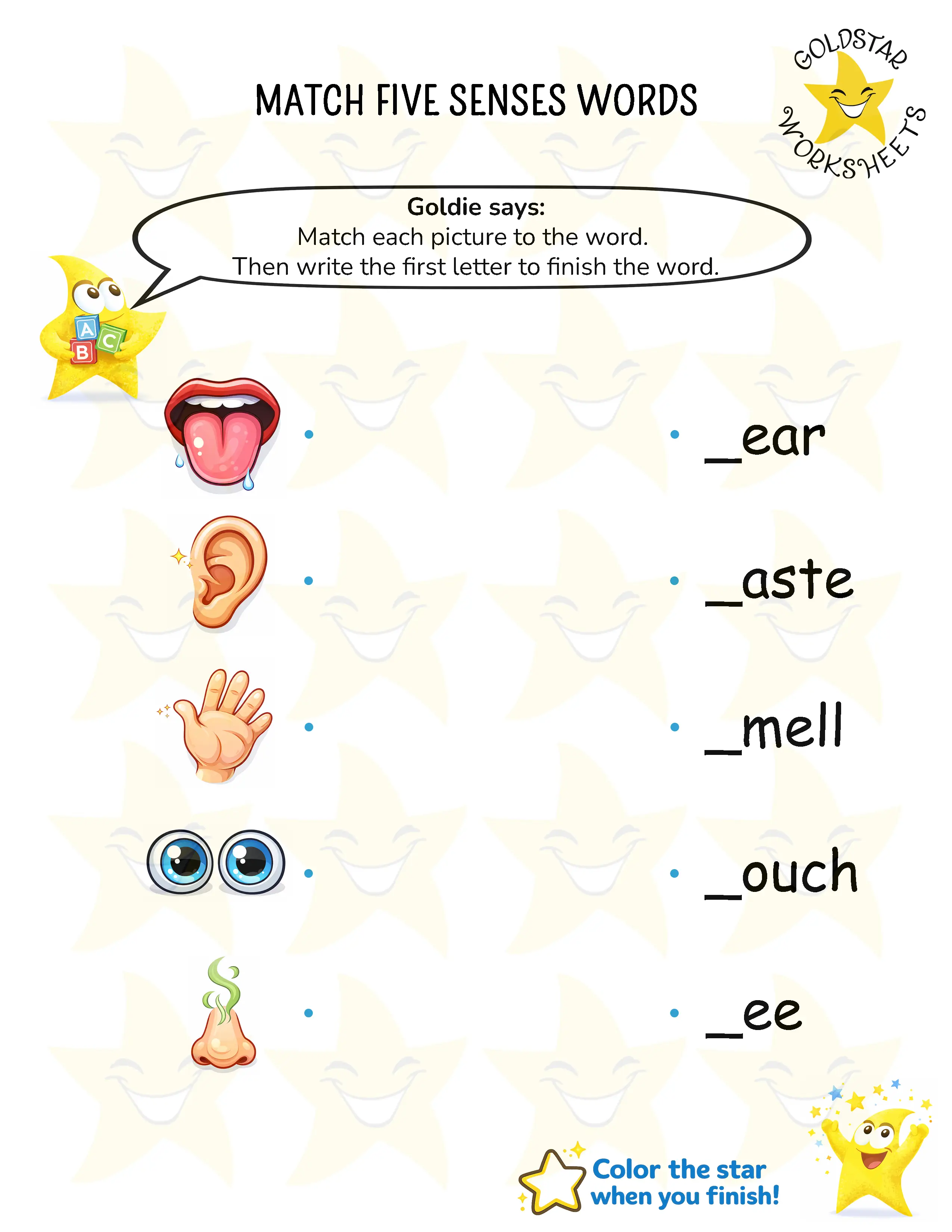 Match sense words and write beginning letters worksheet