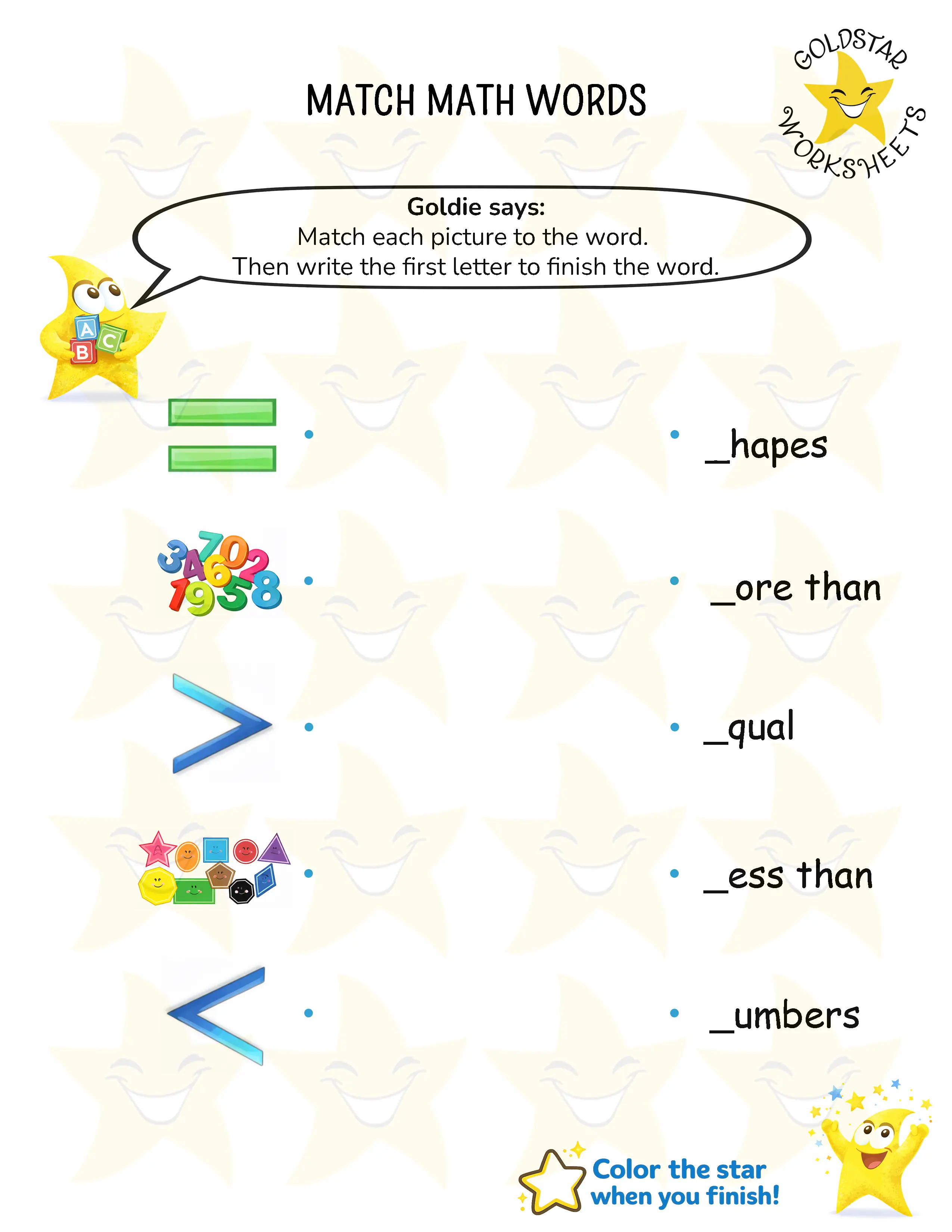 Match math words and write beginning letters worksheet