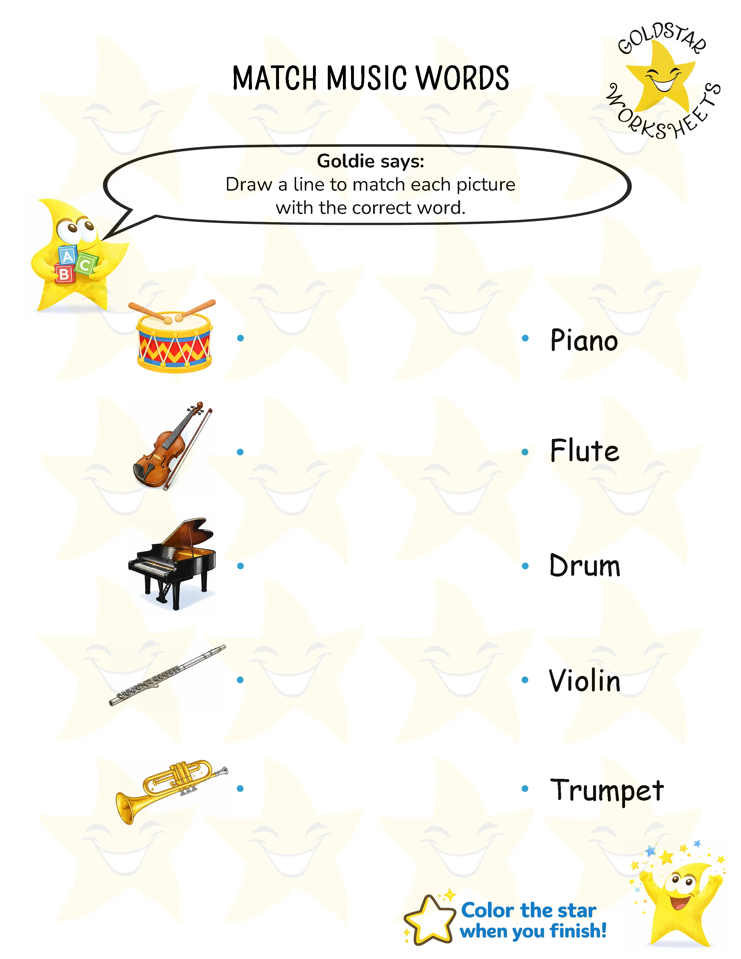 Match music words worksheets