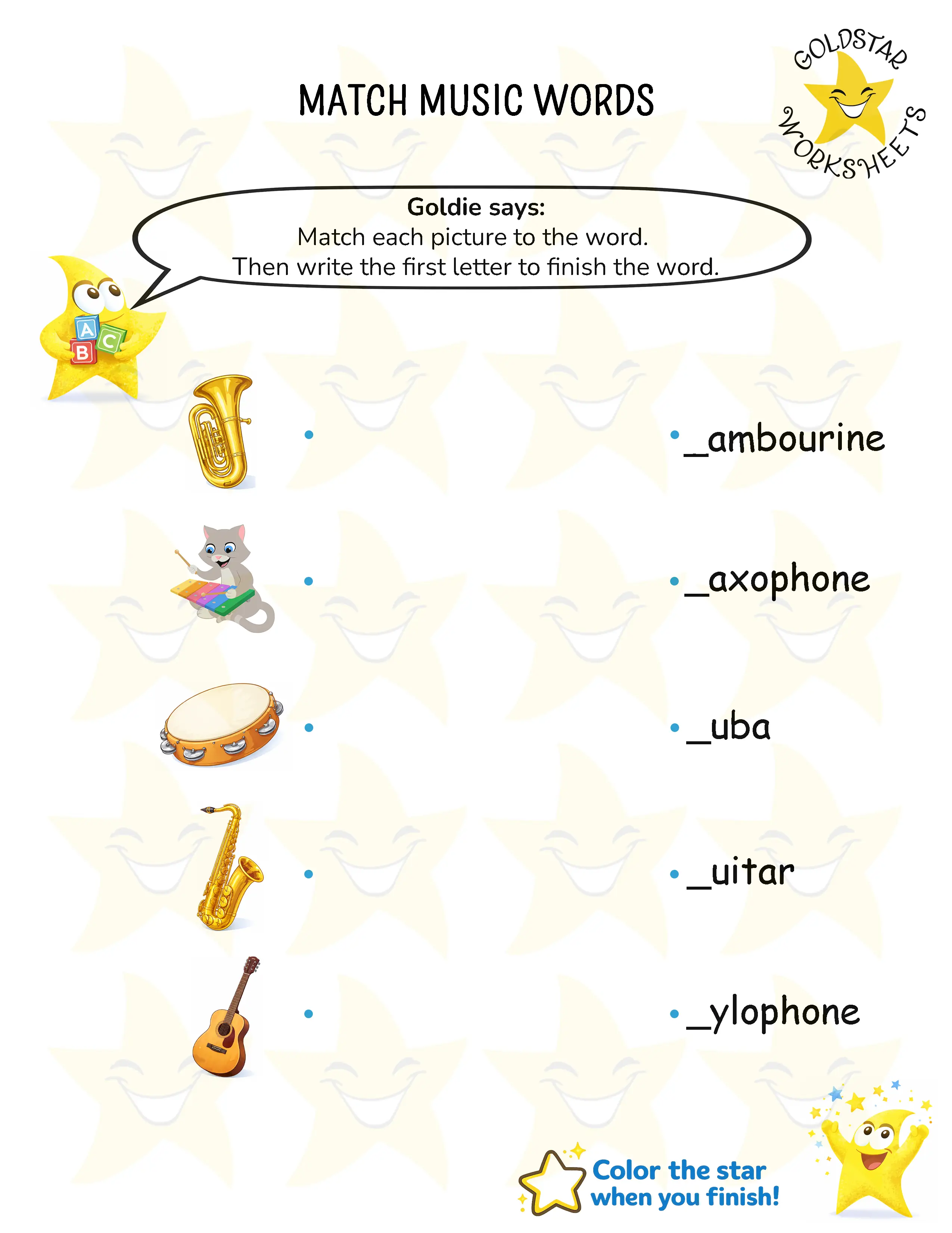 Match music words and write beginning letters worksheets