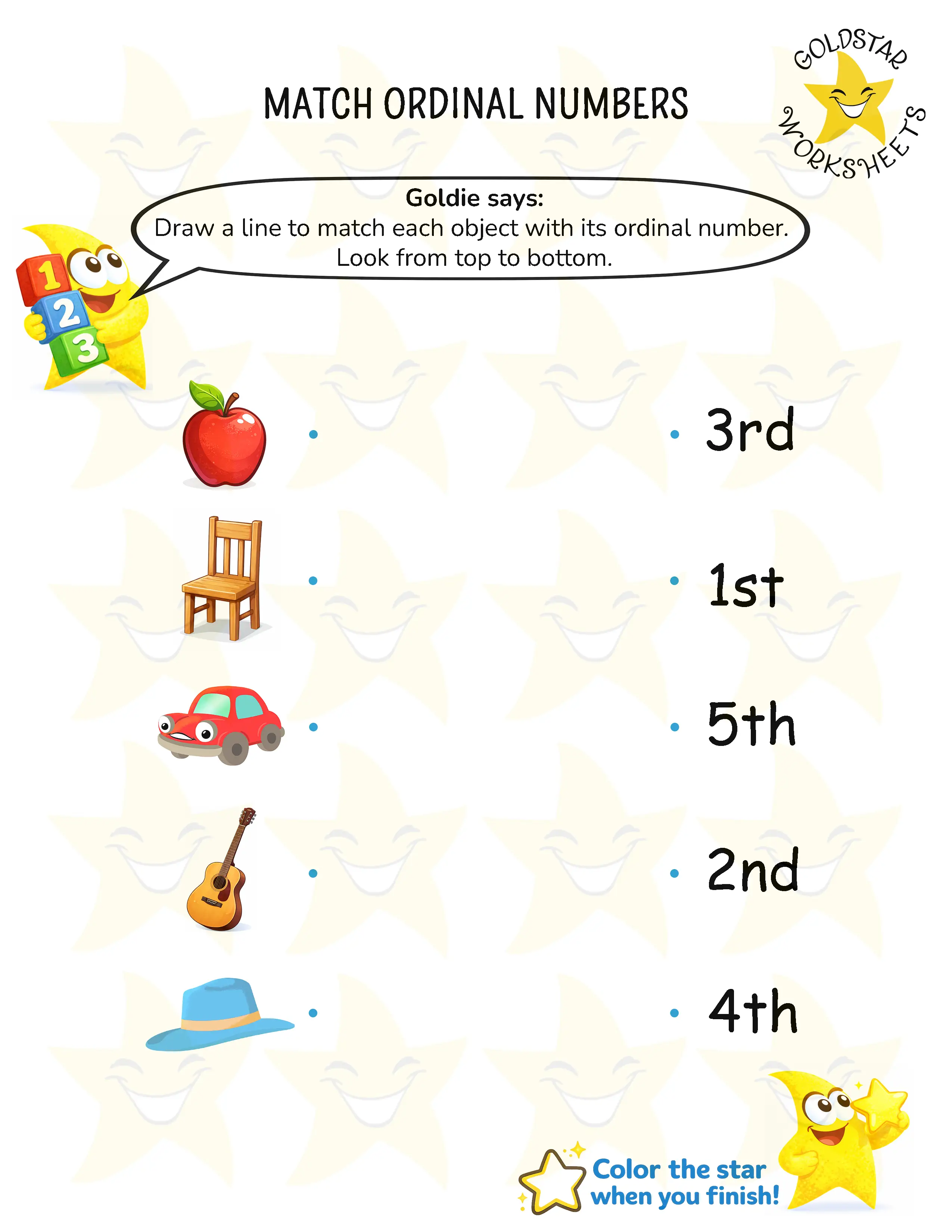 Match Objects with Ordinal Numbers Worksheets