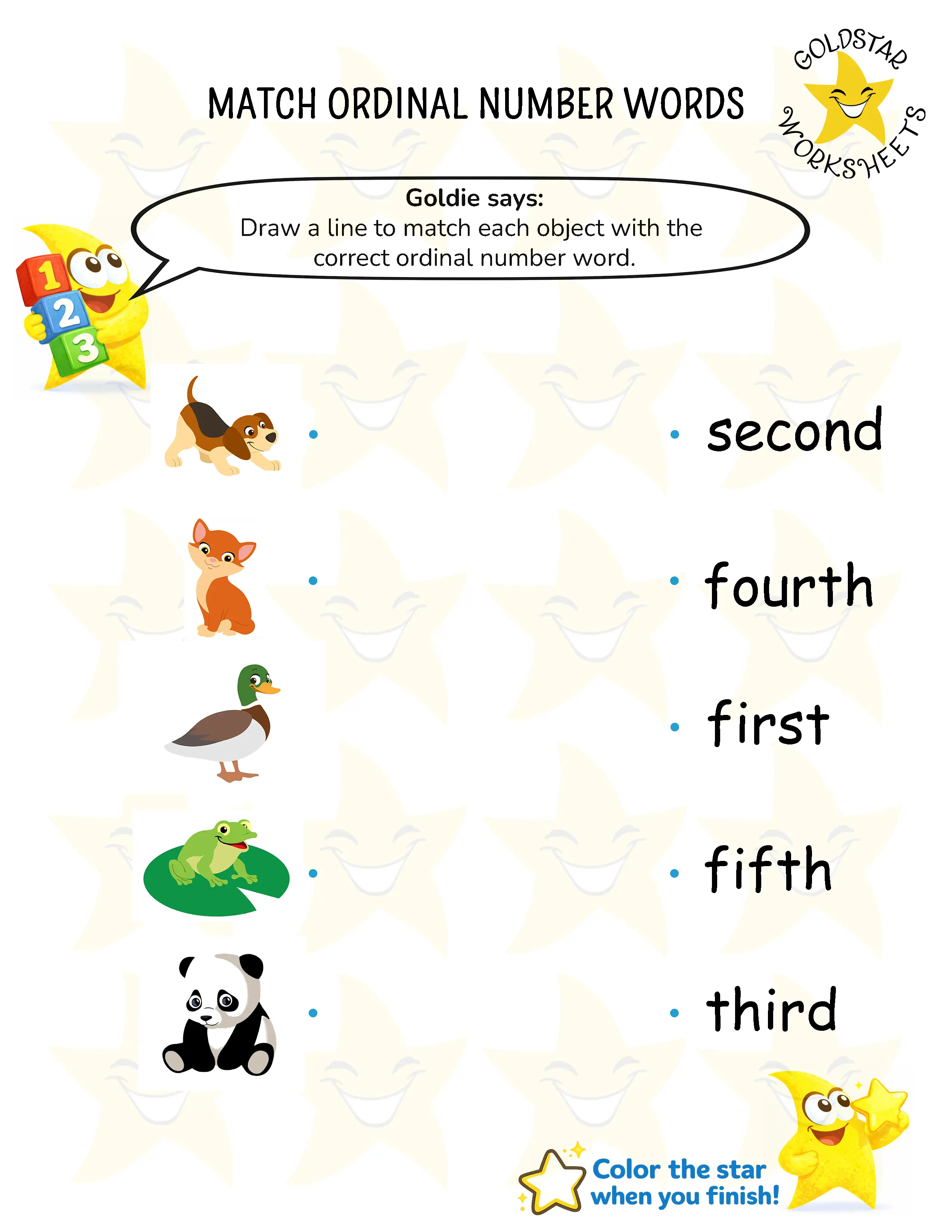 Match Objects with Ordinal Number Word Worksheets