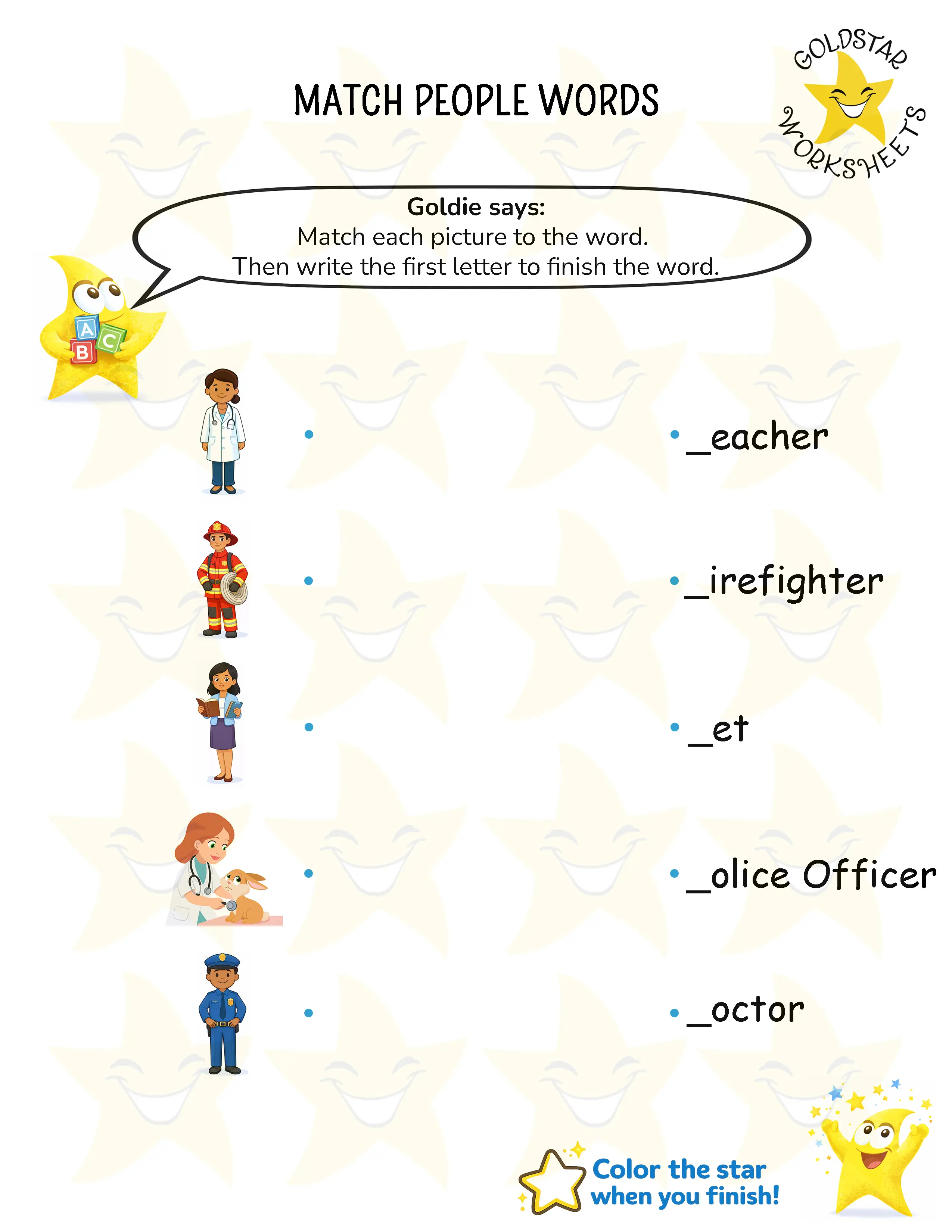 Match people words and write beginning letters worksheets