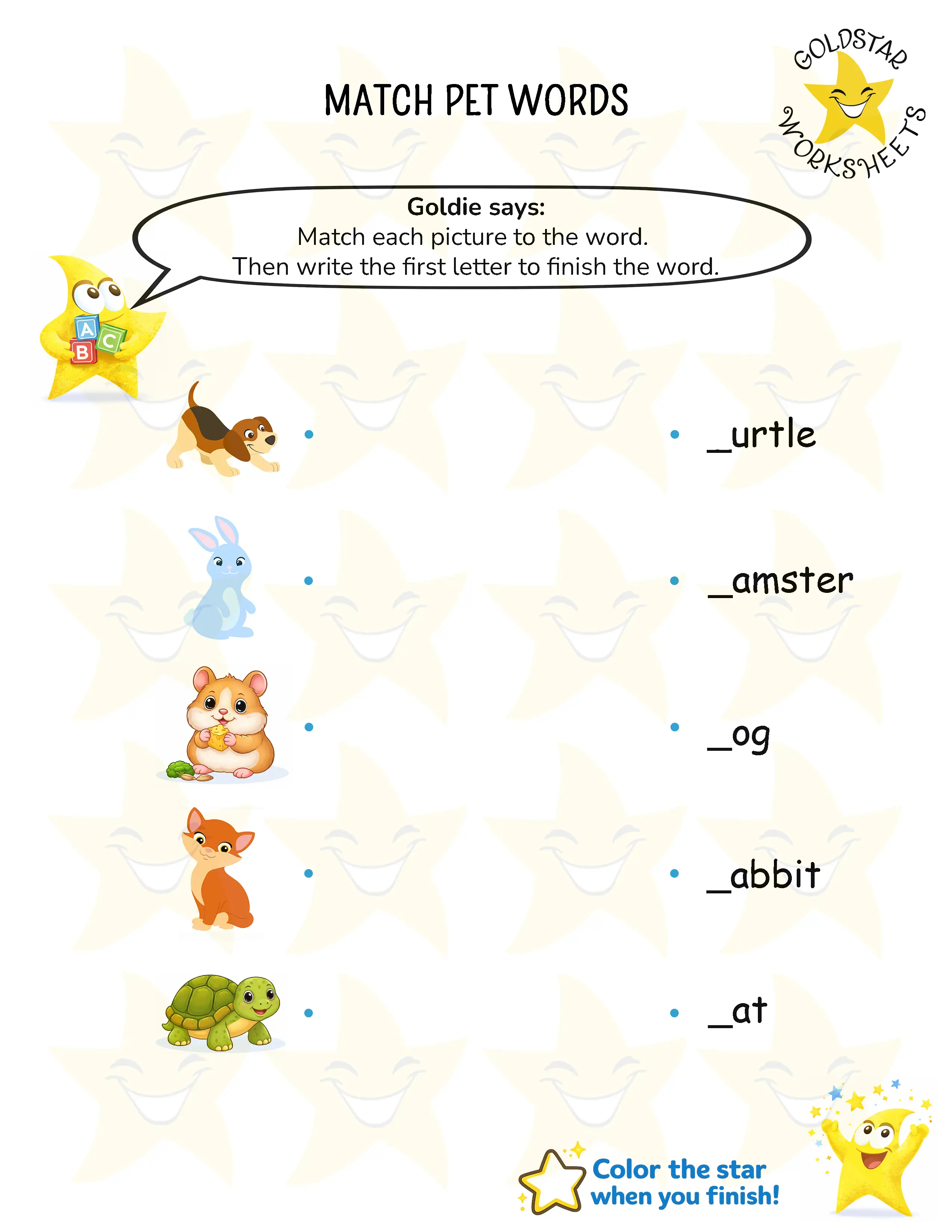 Match pet words and write beginning letters worksheets