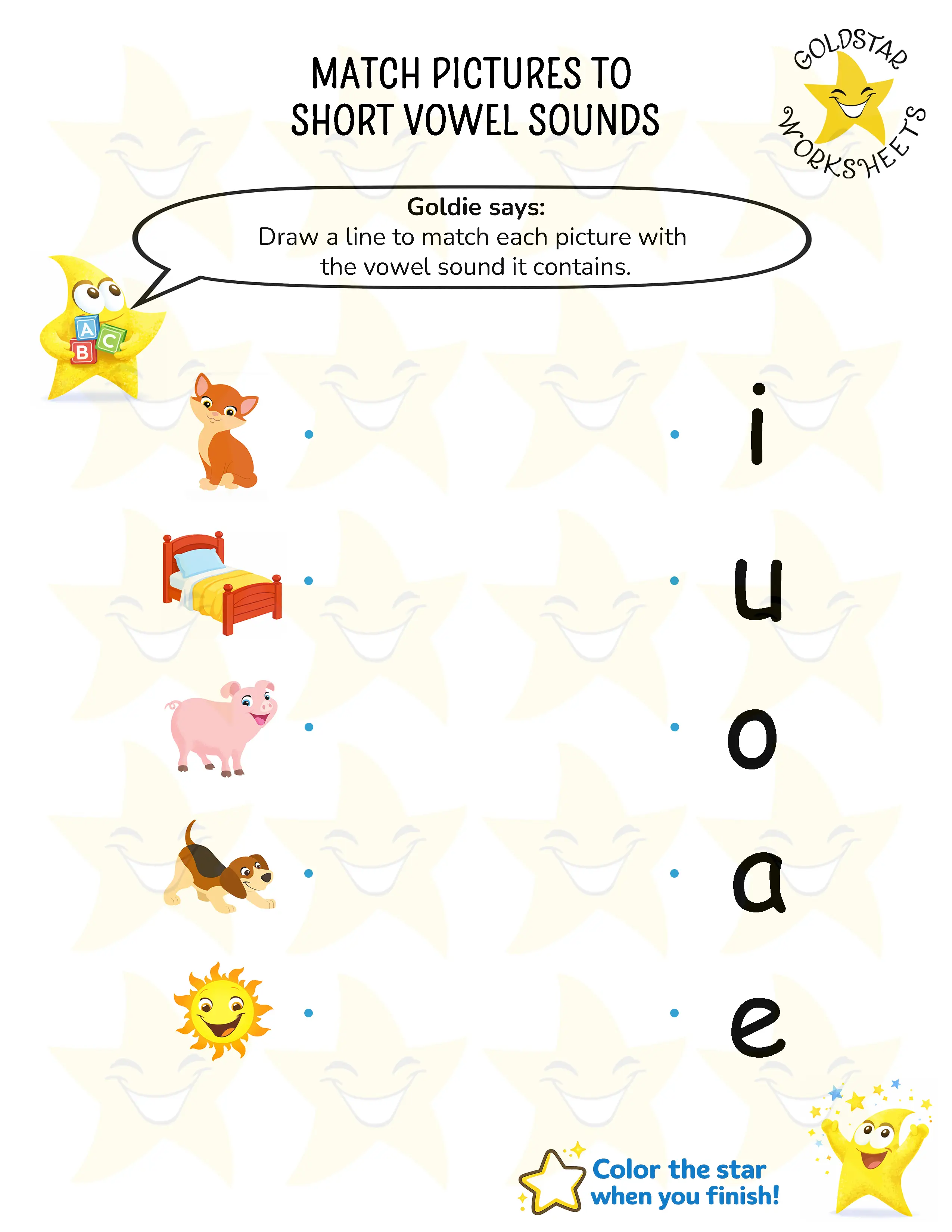 Match short vowel sound worksheets