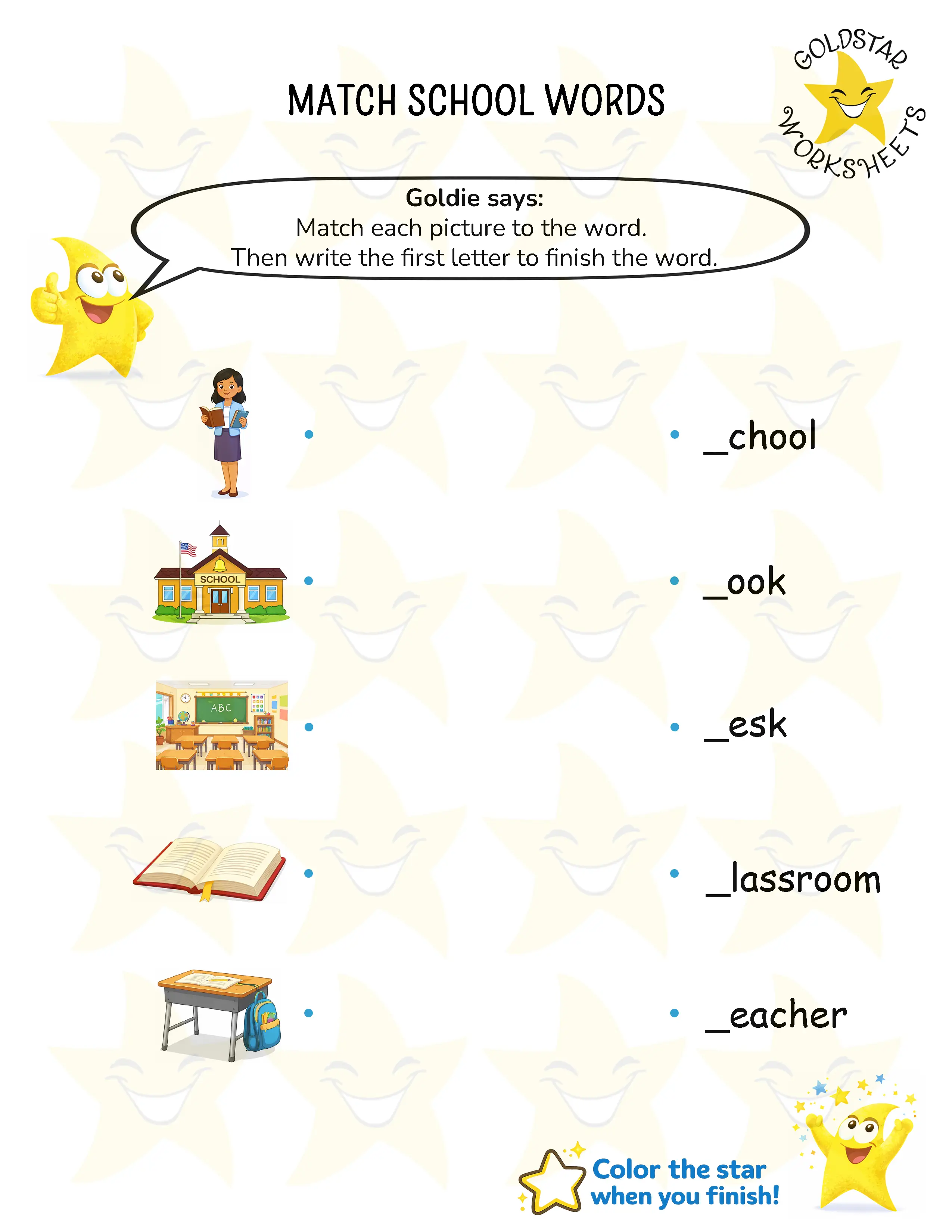 Match school and home words and write beginning letters worksheets