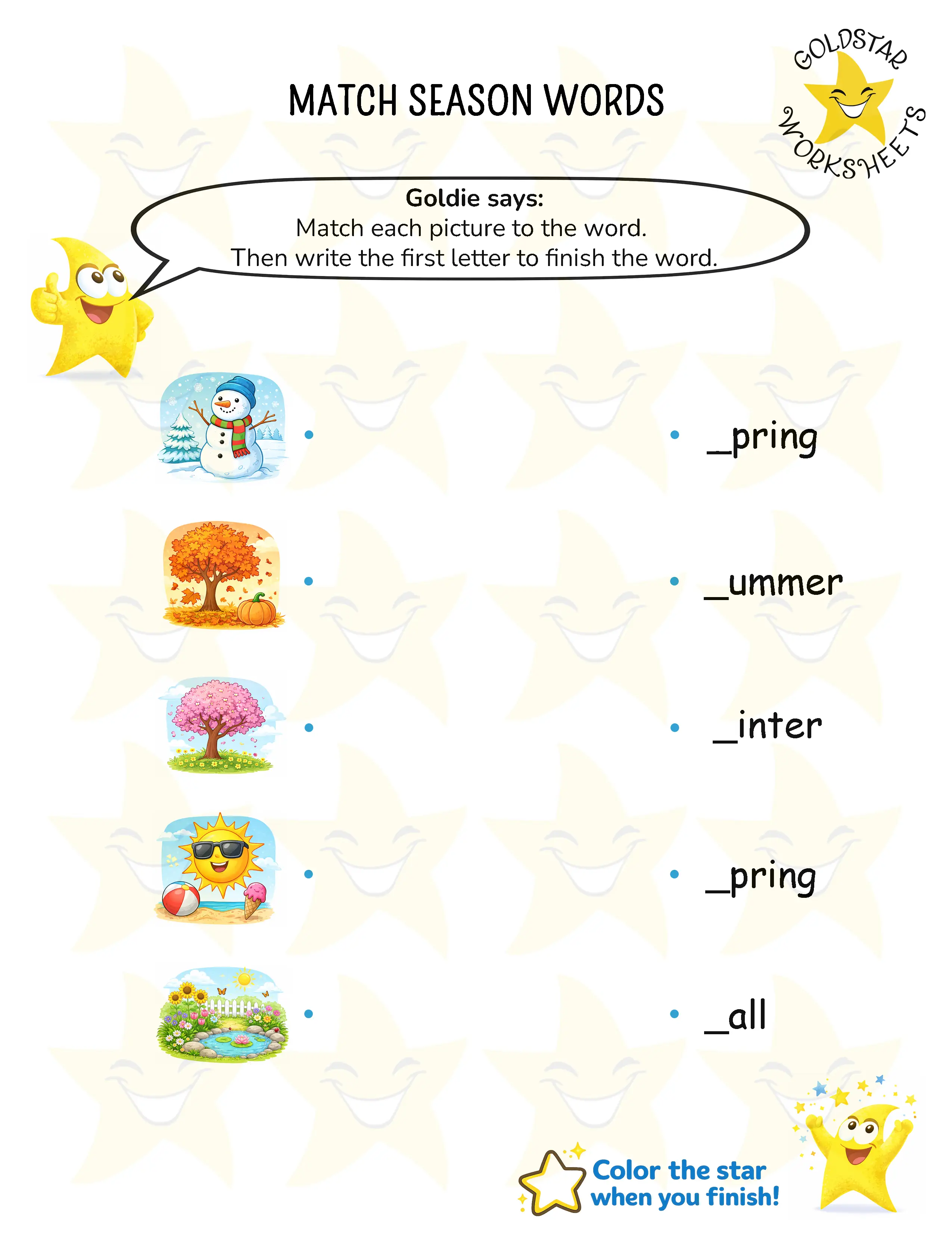 Match season words and write beginning letters worksheet