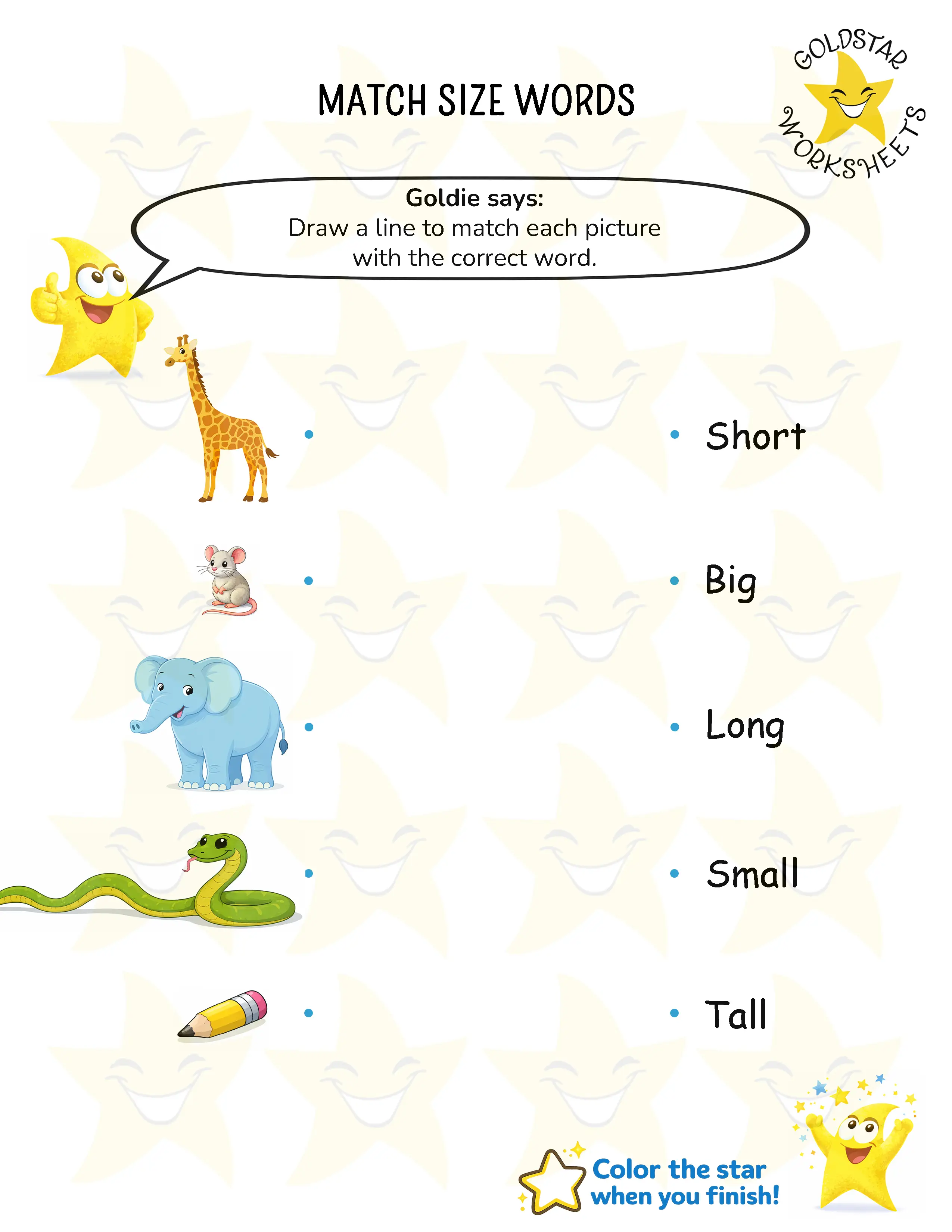 Match size words worksheet