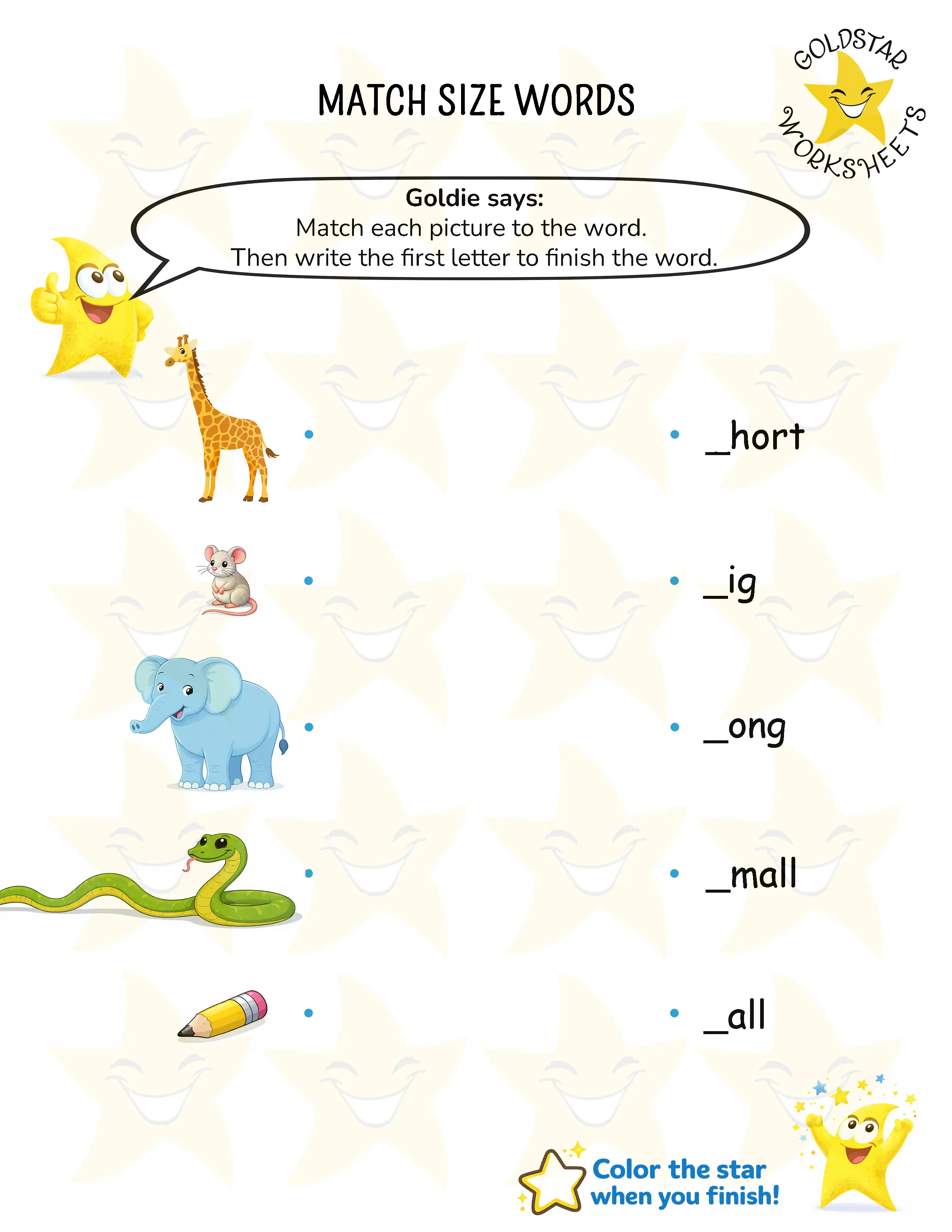Match size words and write beginning letters worksheet