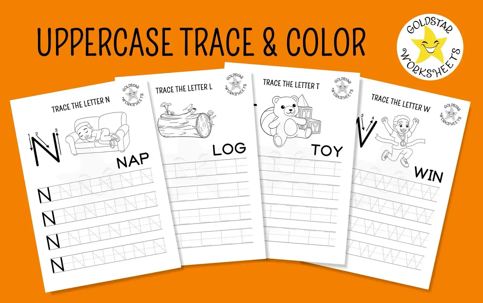 Selection of uppercase color and trace worksheets