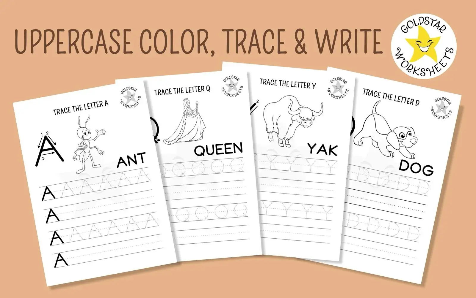Selection of uppercase color, trace and write worksheets