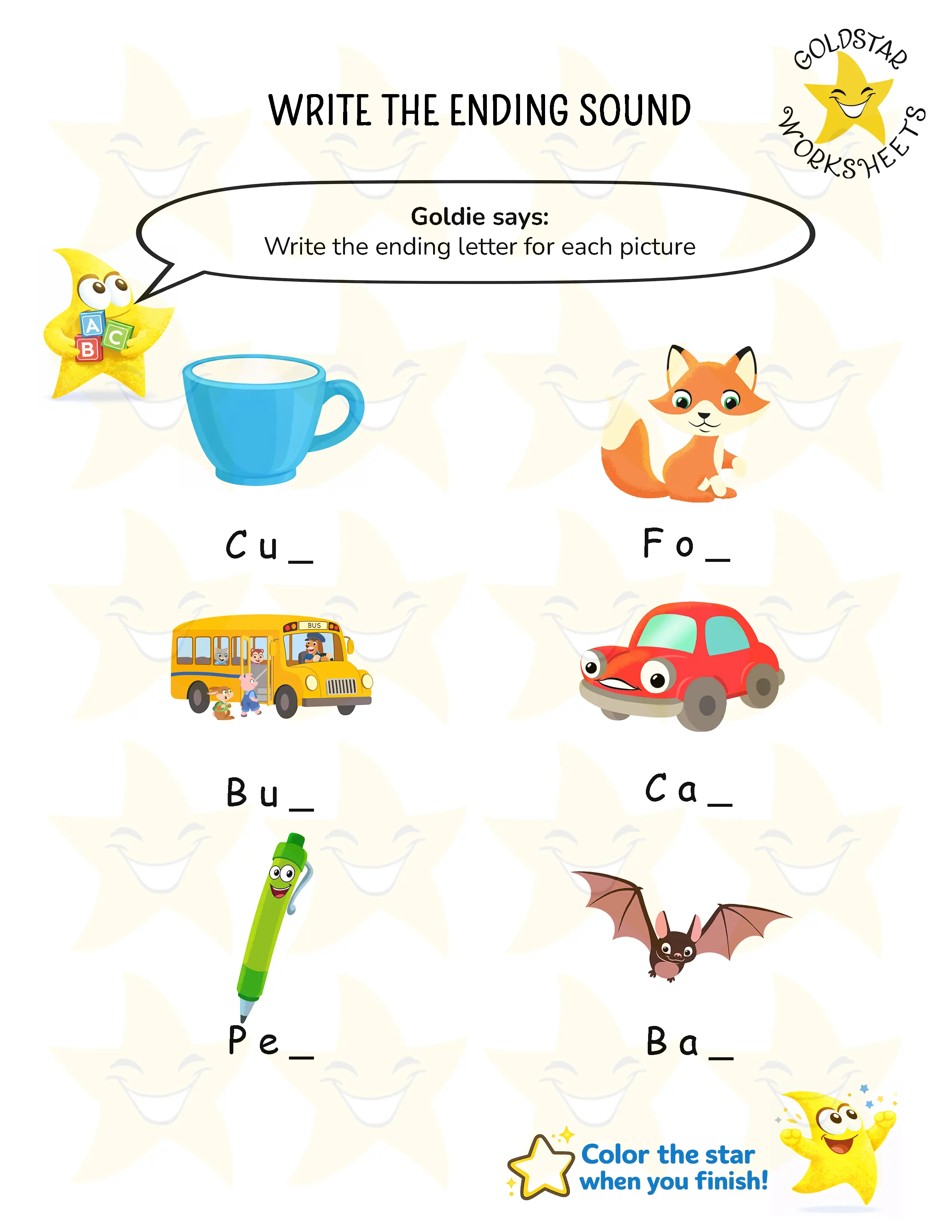 Write the correct ending sound worksheets