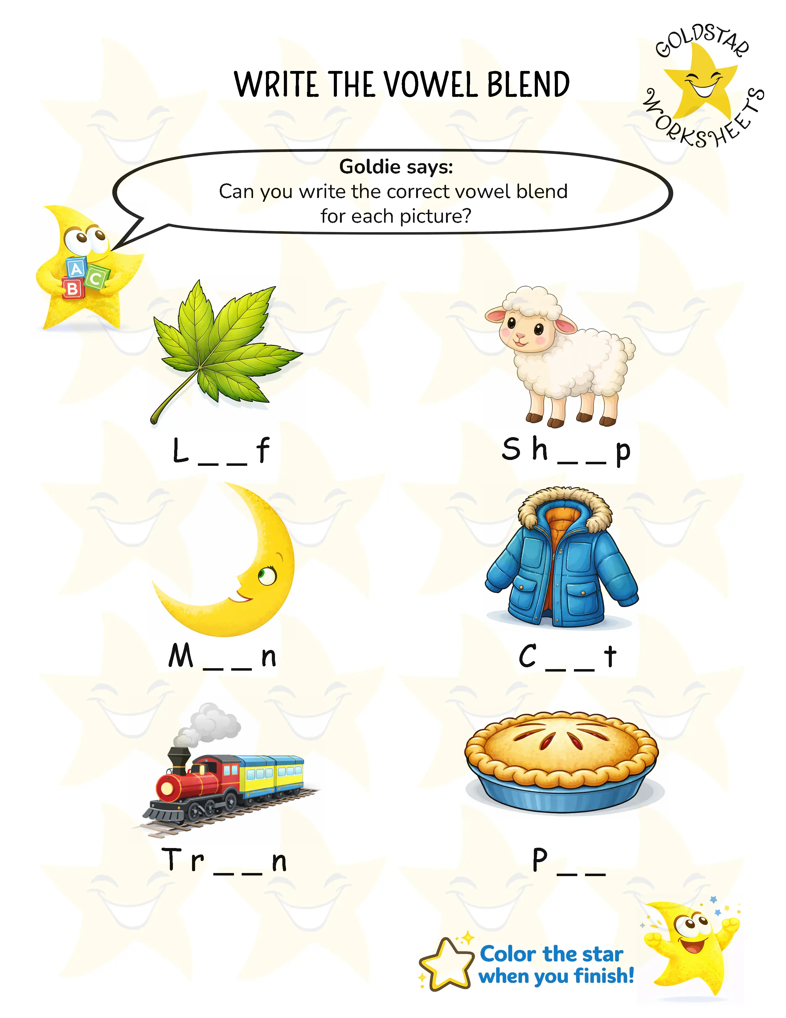 Write vowel blend worksheets